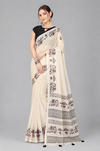 Beige woven linen saree with blouse