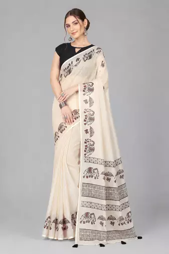 Beige woven linen saree with blouse