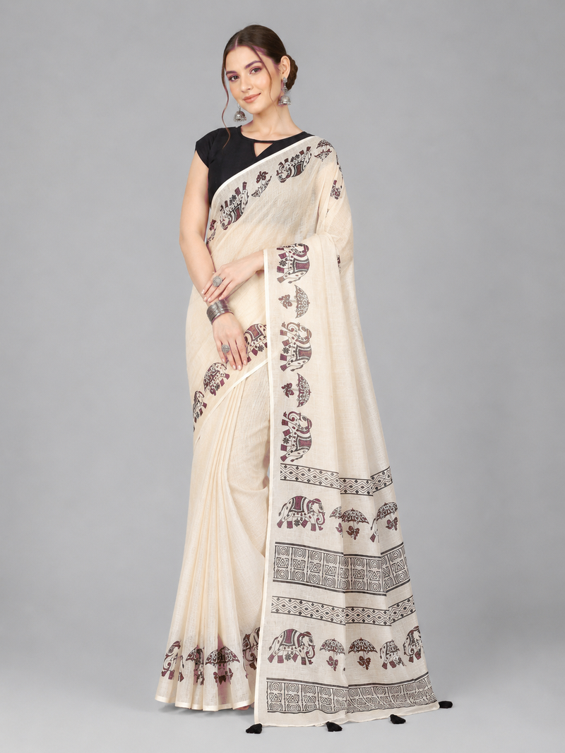 Beige woven linen saree with blouse