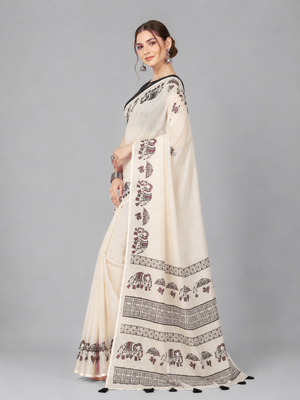 Beige woven linen saree with blouse 2