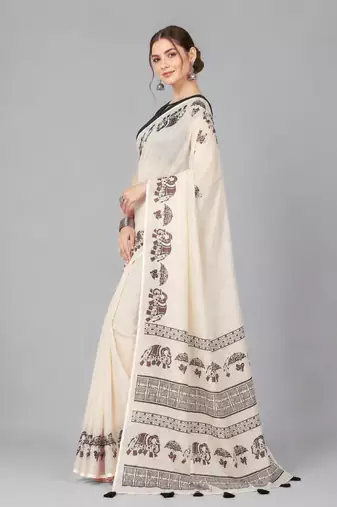 Beige woven linen saree with blouse