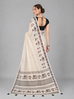 Beige woven linen saree with blouse 3