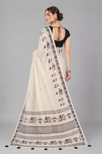 Beige woven linen saree with blouse