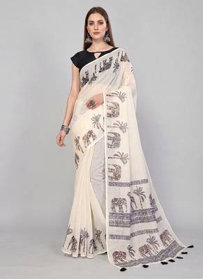 Beige woven linen saree with blouse 1