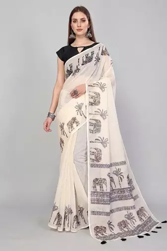 Beige woven linen saree with blouse