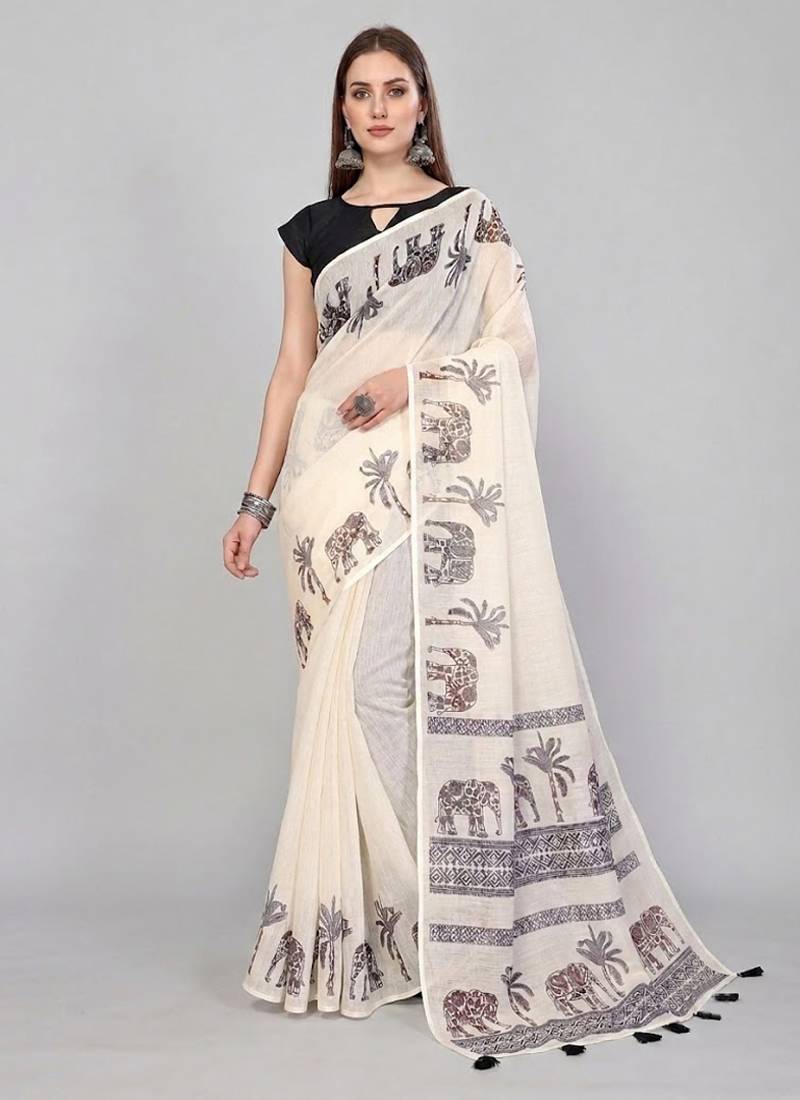 Beige woven linen saree with blouse