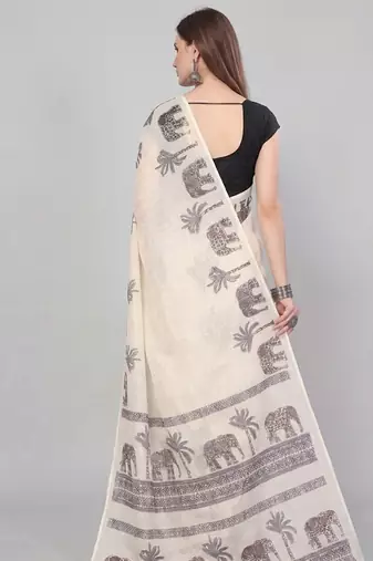 Beige woven linen saree with blouse