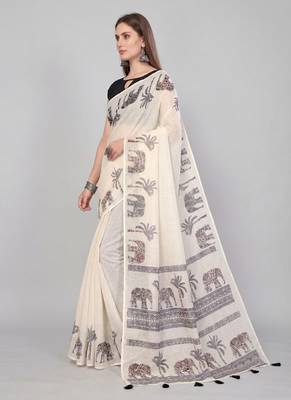 Beige woven linen saree with blouse 3