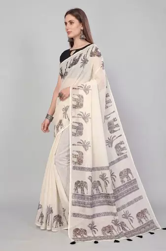 Beige woven linen saree with blouse