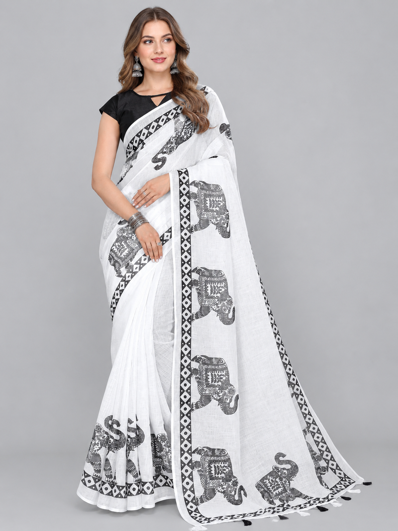 White woven linen saree with blouse