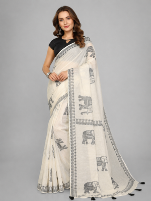 Beige woven linen saree with blouse 1