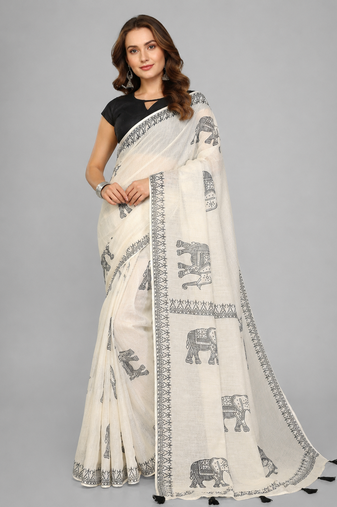 Beige woven linen saree with blouse