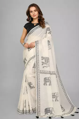 Beige woven linen saree with blouse