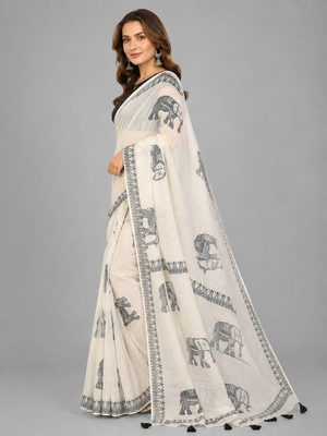 Beige woven linen saree with blouse 2