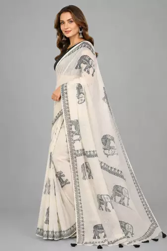 Beige woven linen saree with blouse