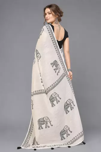 Beige woven linen saree with blouse