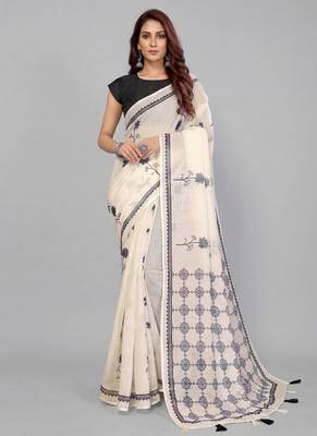 Beige woven linen saree with blouse 1