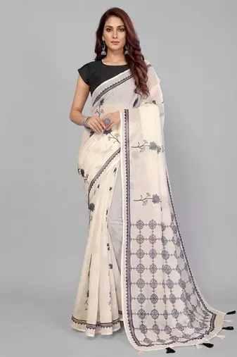 Beige woven linen saree with blouse