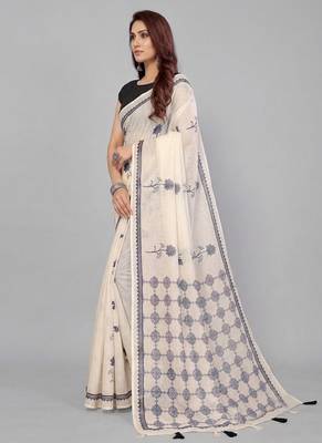 Beige woven linen saree with blouse 2