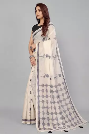 Beige woven linen saree with blouse