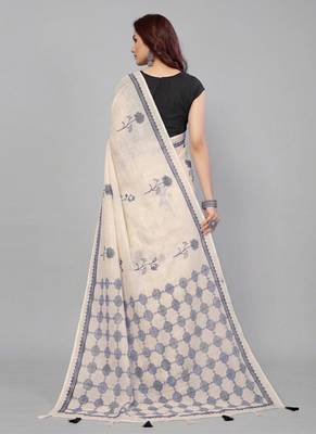 Beige woven linen saree with blouse 3