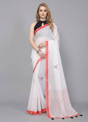 White woven linen saree with blouse 1