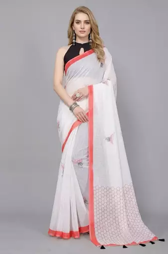 White woven linen saree with blouse