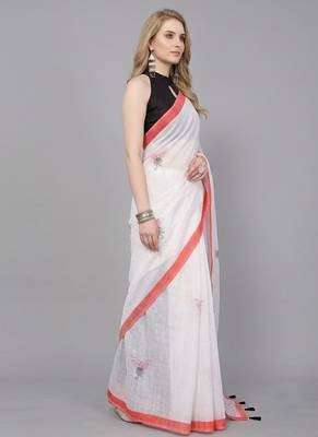 White woven linen saree with blouse 2
