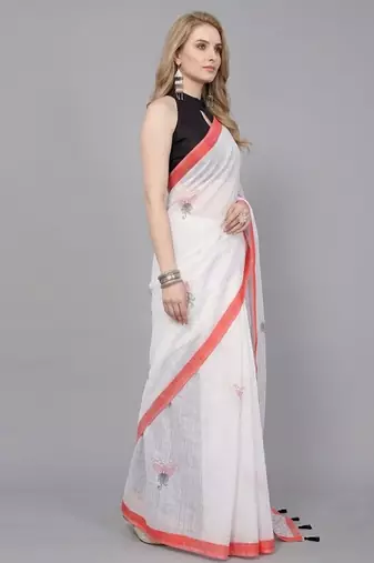 White woven linen saree with blouse