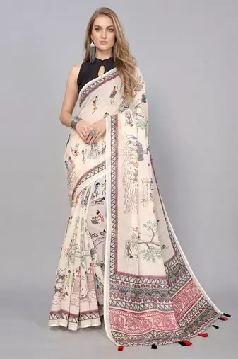 Beige woven linen saree with blouse