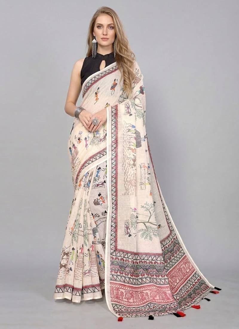 Beige woven linen saree with blouse