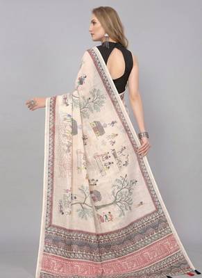 Beige woven linen saree with blouse 2