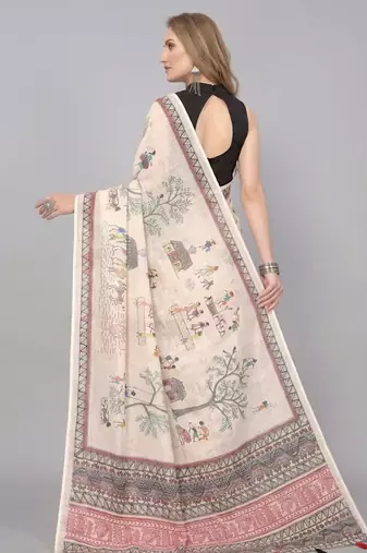 Beige woven linen saree with blouse