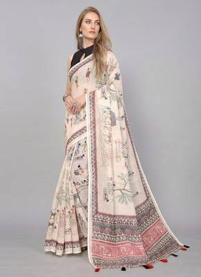 Beige woven linen saree with blouse 3