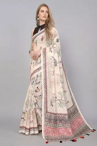 Beige woven linen saree with blouse
