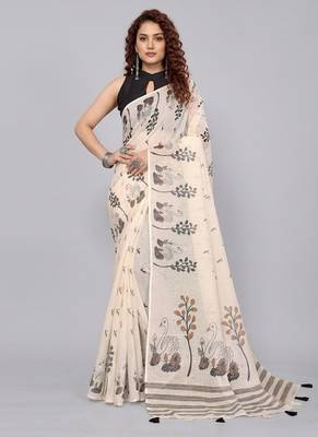 Beige woven linen saree with blouse 1