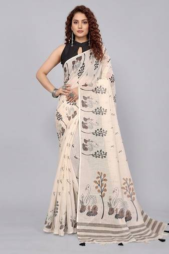 Beige woven linen saree with blouse