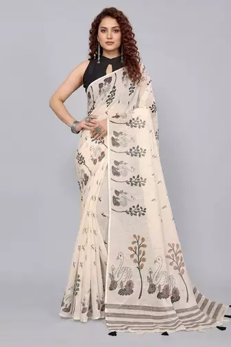 Beige woven linen saree with blouse