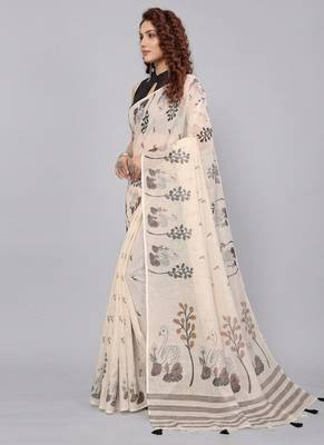 Beige woven linen saree with blouse 2