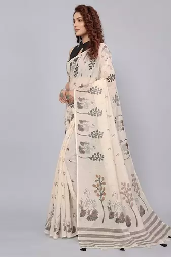 Beige woven linen saree with blouse