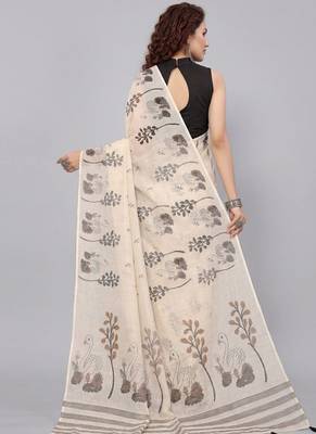 Beige woven linen saree with blouse 3