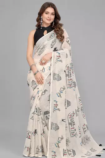 Beige woven linen saree with blouse