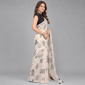 Beige woven linen saree with blouse 2