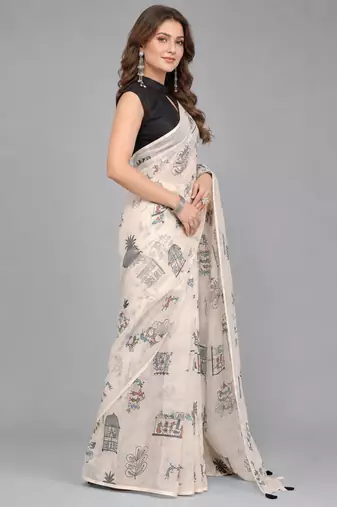 Beige woven linen saree with blouse