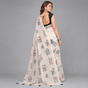 Beige woven linen saree with blouse 3