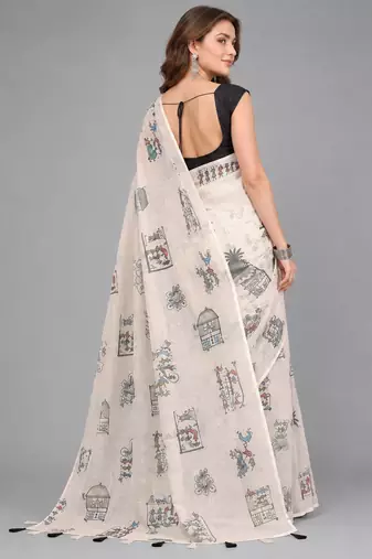 Beige woven linen saree with blouse