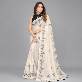 Beige woven linen saree with blouse 1
