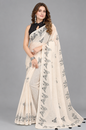 Beige woven linen saree with blouse