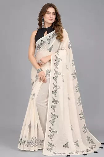 Beige woven linen saree with blouse