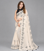Beige woven linen saree with blouse